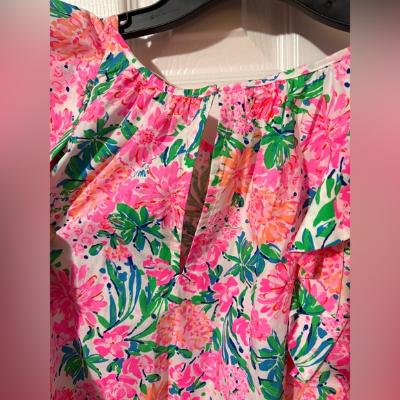 Lilly Pulitzer Marlee Riffle Pink and Green Floral Blouse sz L - Picture 7 of 10